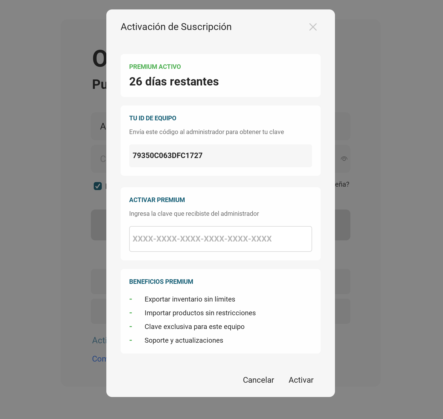 Paso 2 — modal de activación mostrando tu Hardware ID único